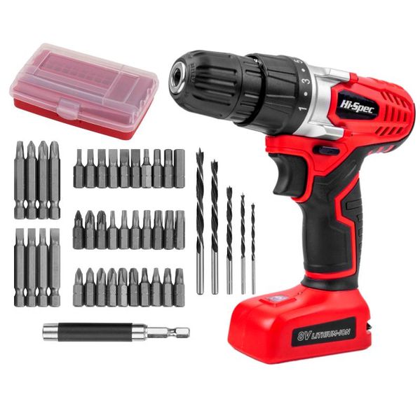 hi-spec 45pc 8v cordless drill screwdriver 1300mah li-ion battery electric home diy power screwdriver with bits accessory set